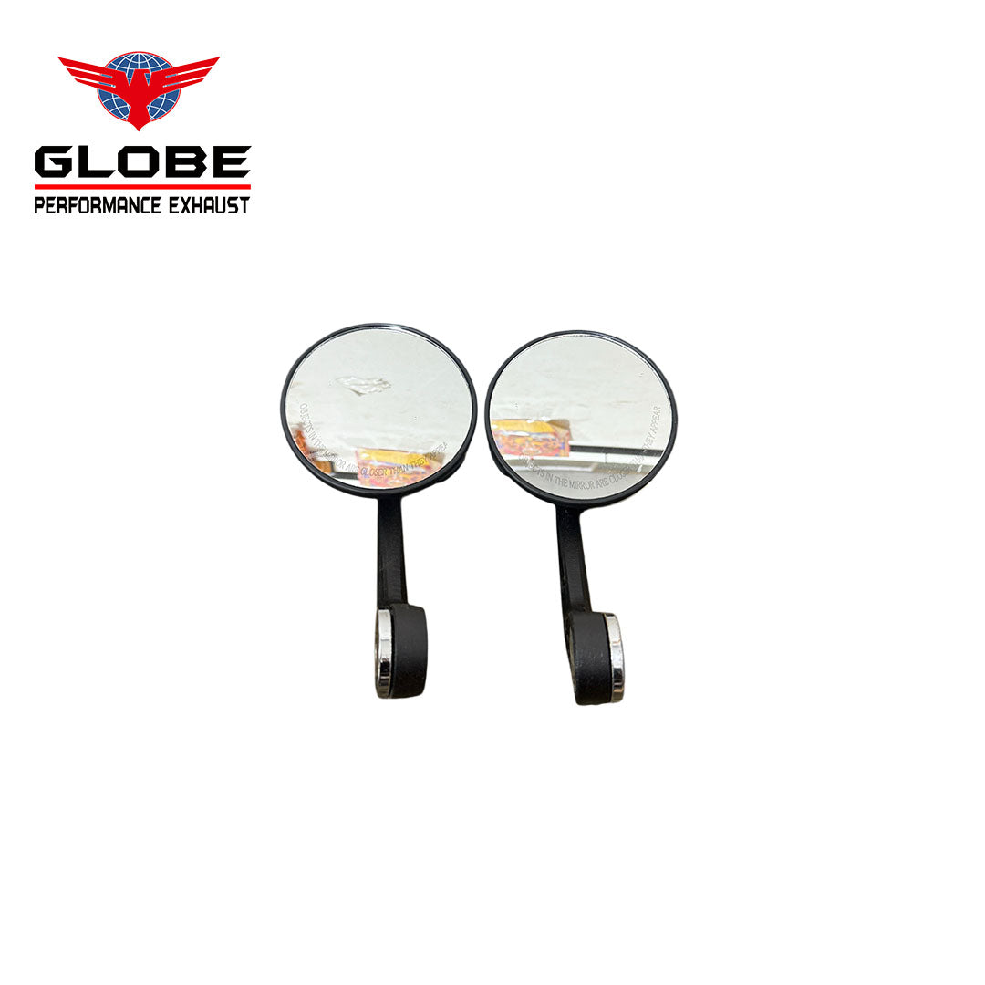 Two round mirrors with black frames on a white background, featuring the Globe Performance Exhaust logo.
