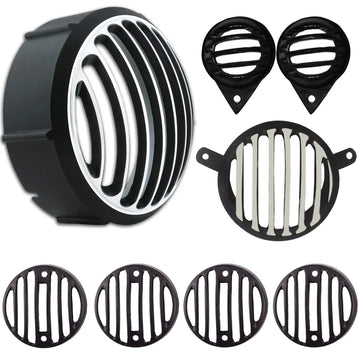 GLOBE EXHAUST METAL HEADLIGHT ,TAIL LIGHT, PARKING LIGHT, INDICATOR GRILL PROTECTOR FOR ROYAL ENFIELD CLASSIC 350 & 500 (BLACK AND CHROME, SET OF 8)